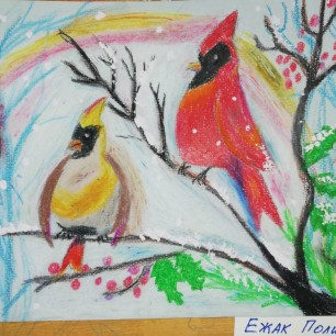 Рассвет.Красные кардиналы.