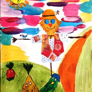 Какие веселые пугало и урожай!