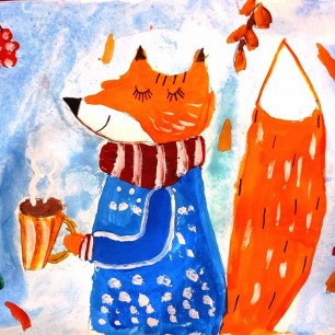 Лисичка с какао холодным осенним днем.