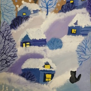 "Деревня в зимнем серебре" (гуашь)