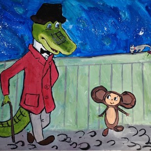 Крокодил Гена и Чебурашка на вечерней прогулке.