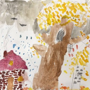 Кирпичный дом в лесу осенью