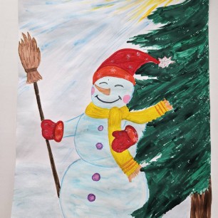 Нос-морковка, уголь-глазки. Снеговик из детской сказки.