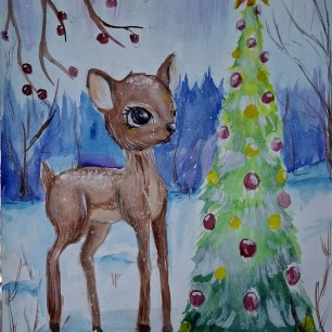 "Олененок у новогодней елки"