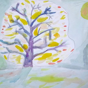 Солнце играет с дубом и снегом