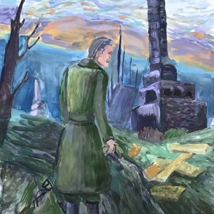 Враги сожгли родную хату... Гуашь.