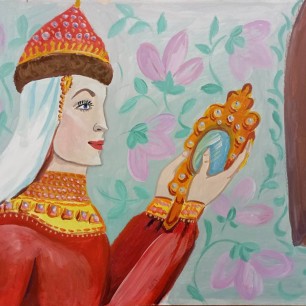 Царица-мачеха у зеркальца.