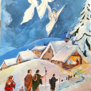 Пастух идут поклоница  младенцу Иисусу