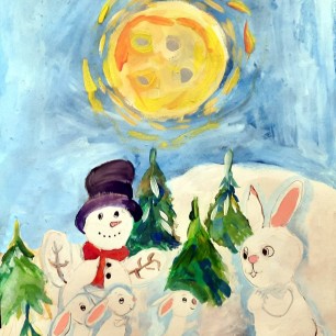 Снеговик и семейка зайчиков.