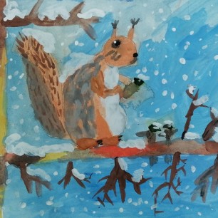 Белка в зимнем лесу