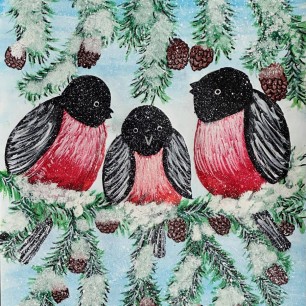 Друзья снегири в сосновом лесу