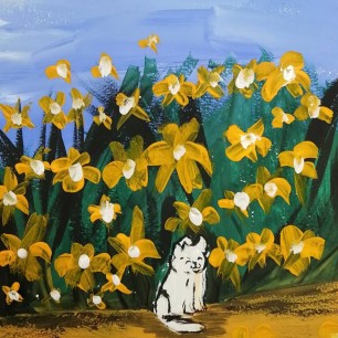 Белый кот и желтые цветы