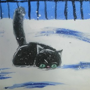 Черный кот в снегу