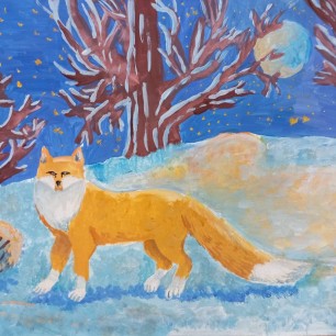 Лунная ночь в зимнем лесу.