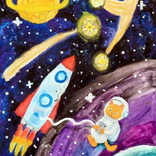 Кот в открытом космосе фотографирует корпус корабля после столкновения его с метеоритом.