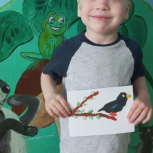 Скворец на ветке вербы