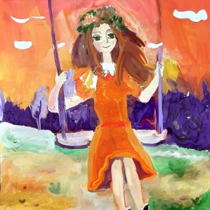 Теплый осенний вечер. Девушка качается на качелях.