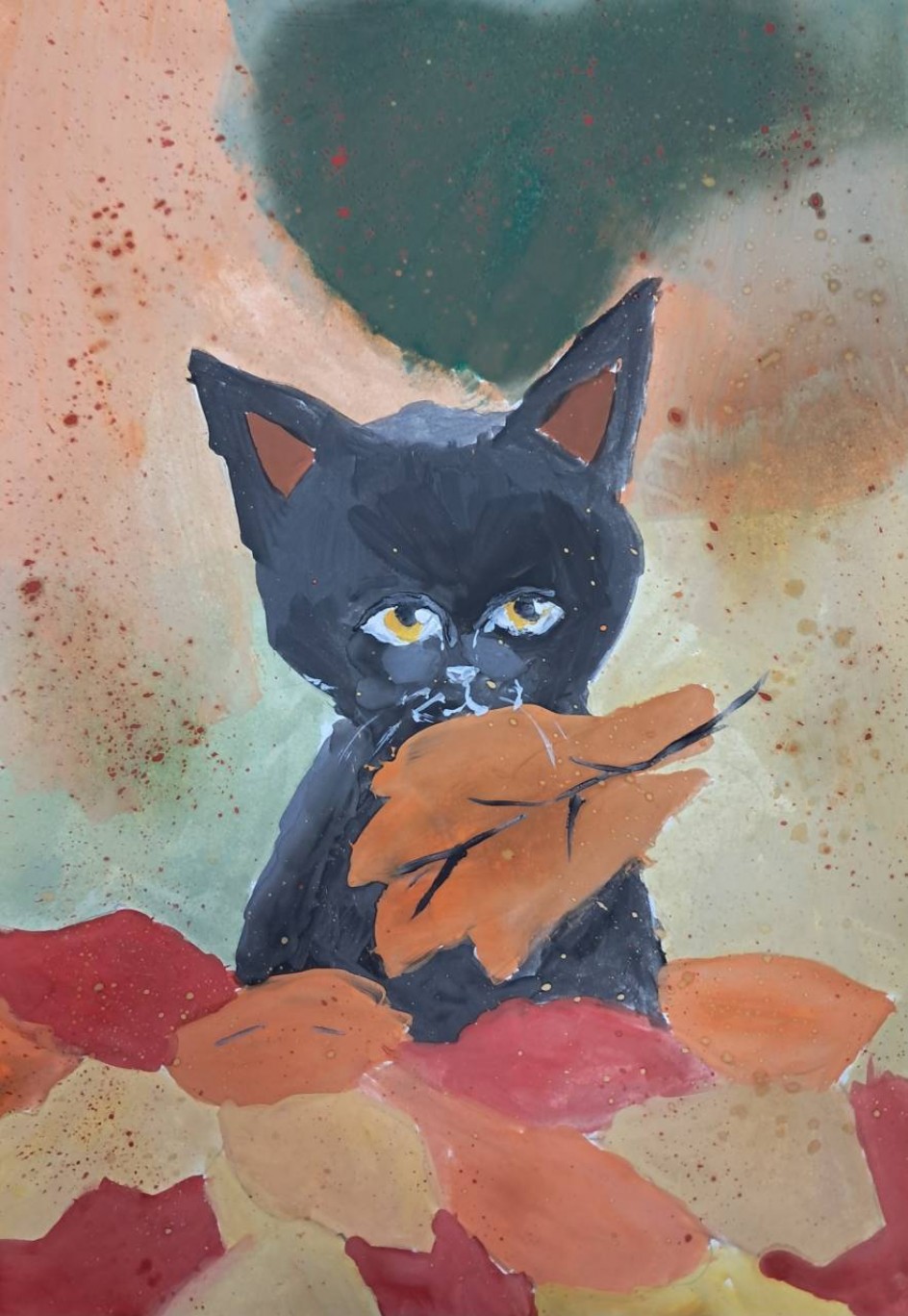 «Черный котенок в осенних листьях»