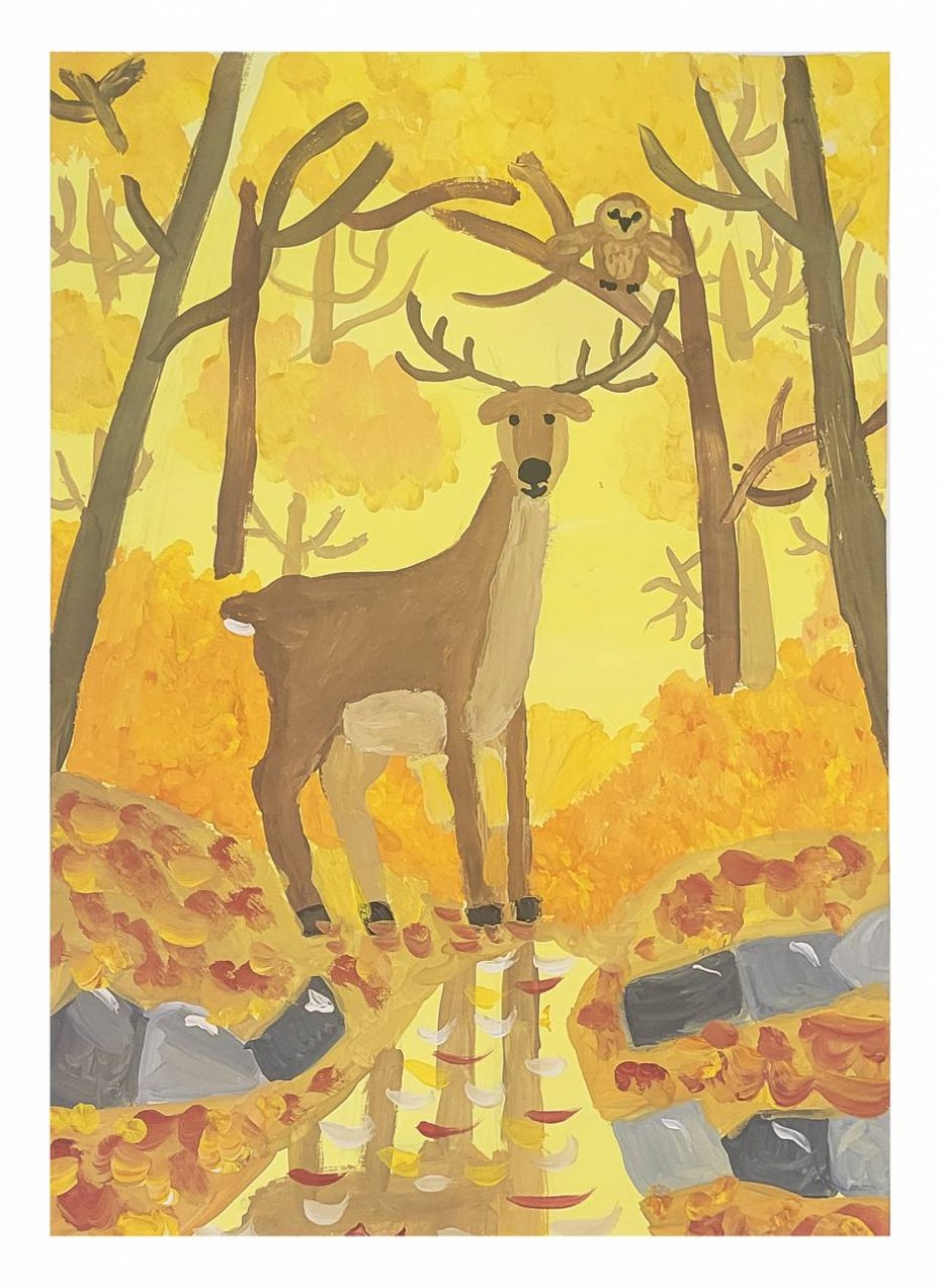 Олень и совушка в осеннем лесу