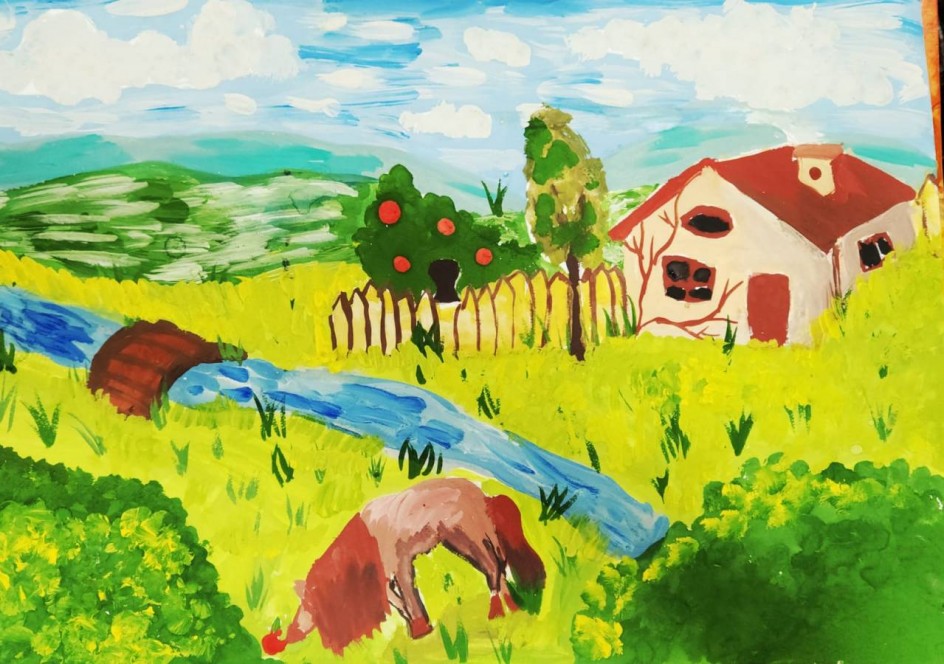 Конь у деревушки