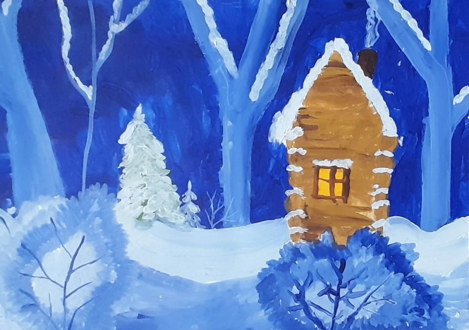 Ветхая избушка вся в снегу стоит