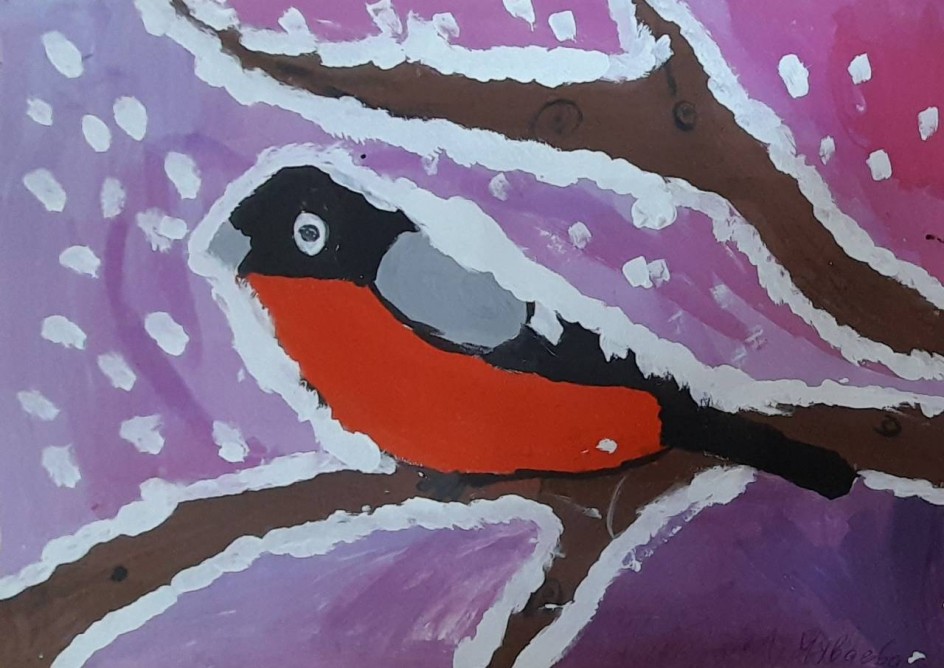 Алой кисточкой заря красит грудку снегиря