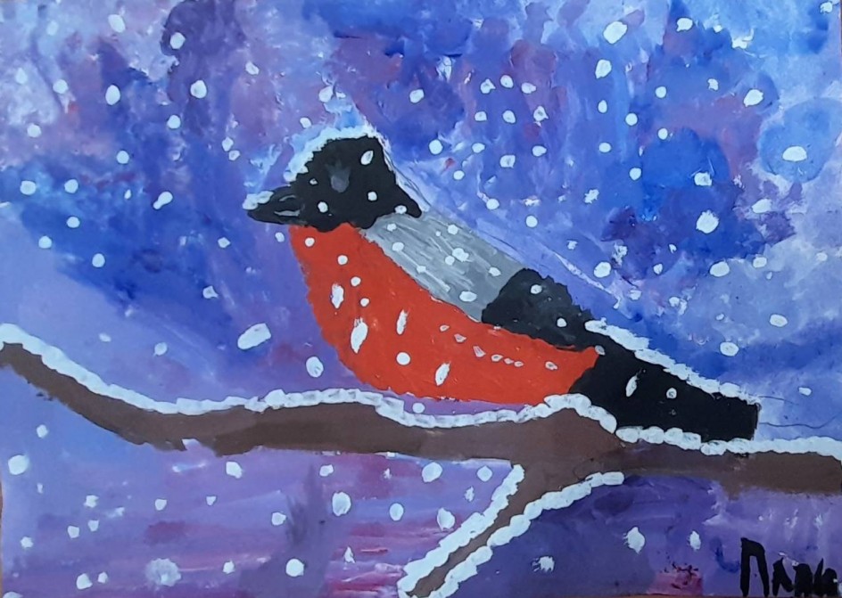 Вот на ветках, посмотри, в красных майках снегири