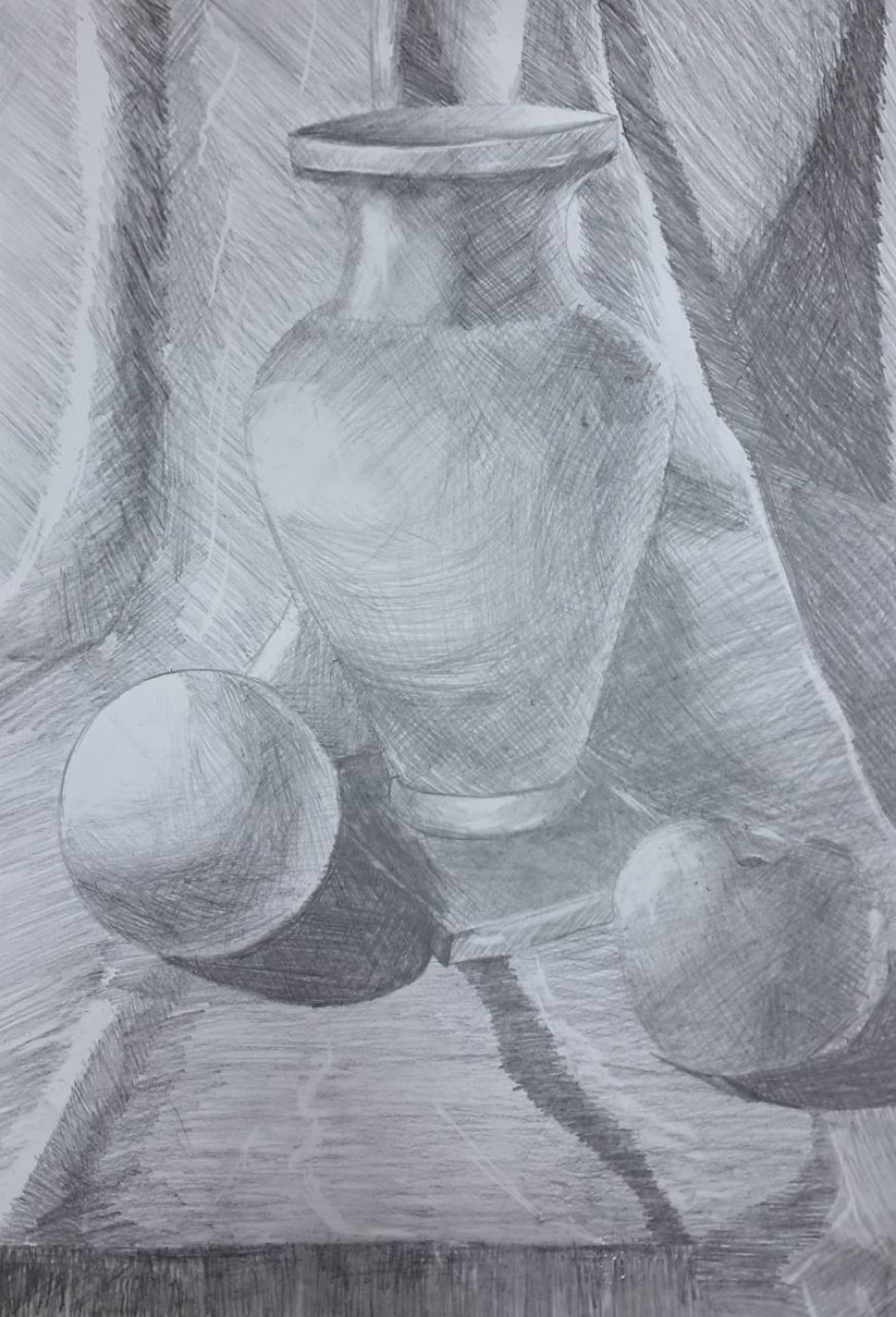 Натюрморт с вазой, сферой и яблоком