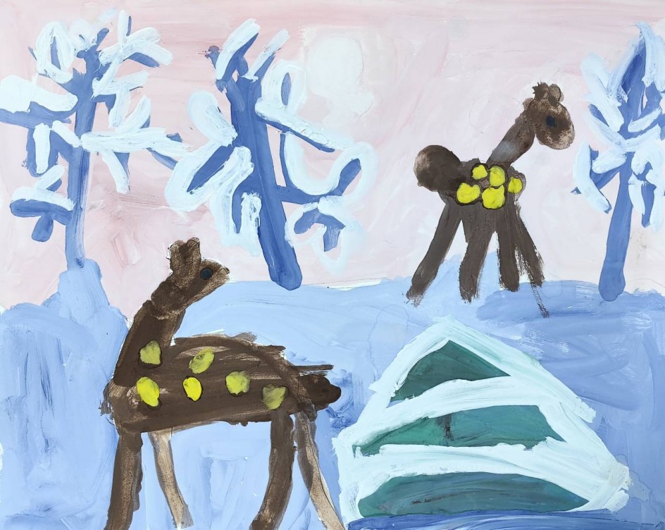 ОЛЕНИ В ЗИМНЕМ ЛЕСУ