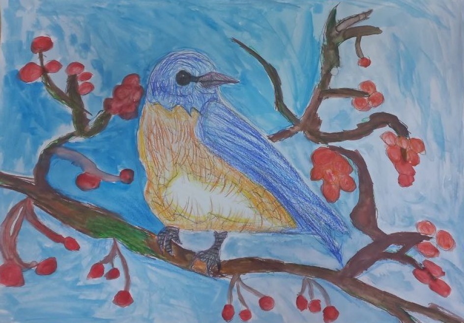 "Голубая птица на ветке рябины"