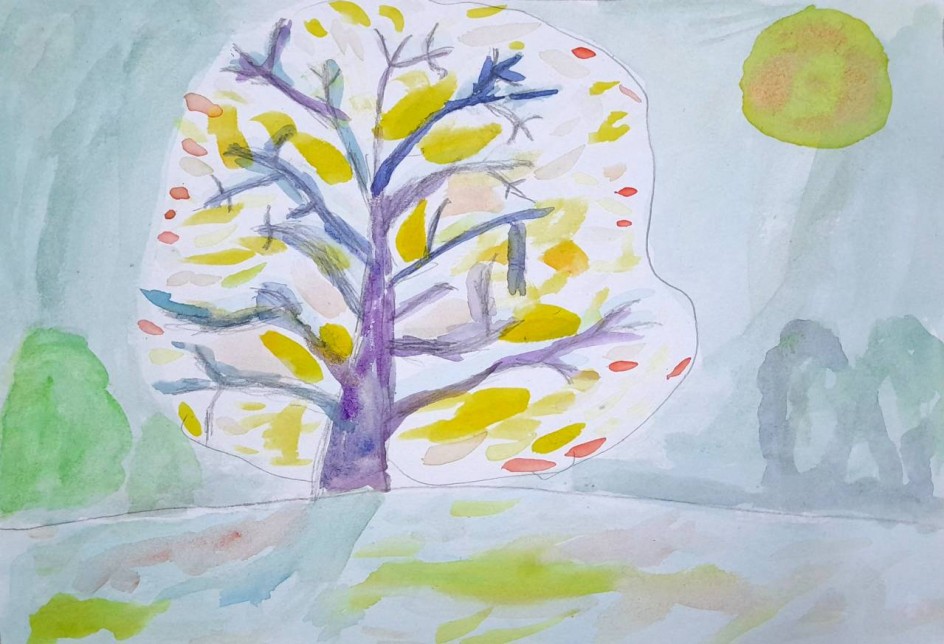 Солнце играет с дубом и снегом