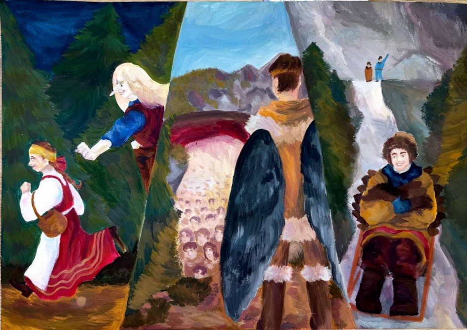 1.. «Побег» (иллюстрация к сказке народов Коми «Дочка с Веретенце» ); 2.«Победа» (иллюстрация к эвенкийской народной сказке «Маленький Уняны»); 3.«Возвращение домой» (иллюстрация к нивхской народной сказке «Охотник и Тигр»).