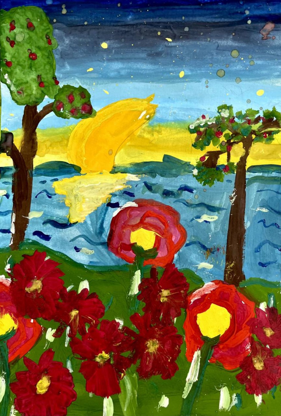 Вечерний пейзаж с цветами