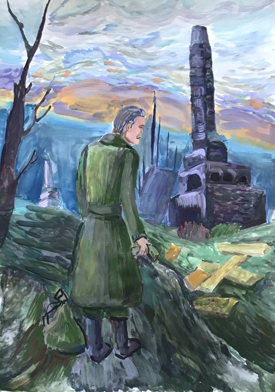 Враги сожгли родную хату... Гуашь.