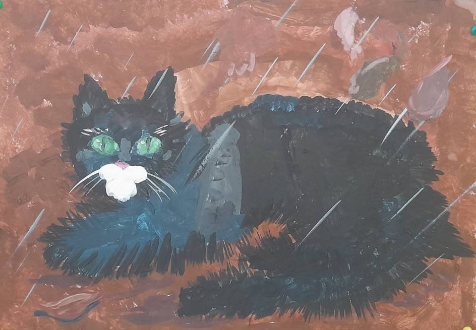 Чёрный котик под дождём