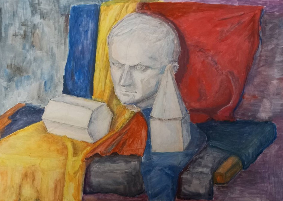 "Натюрморт с гипсовой маской в цветных драпировках"