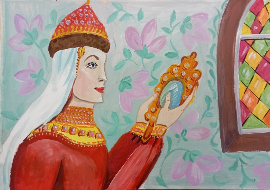 Царица-мачеха у зеркальца.