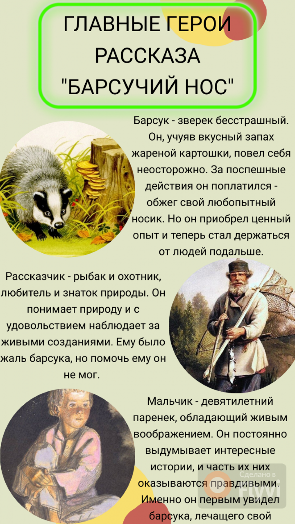 Инфографика к рассказу Паустовского «Барсучий нос»