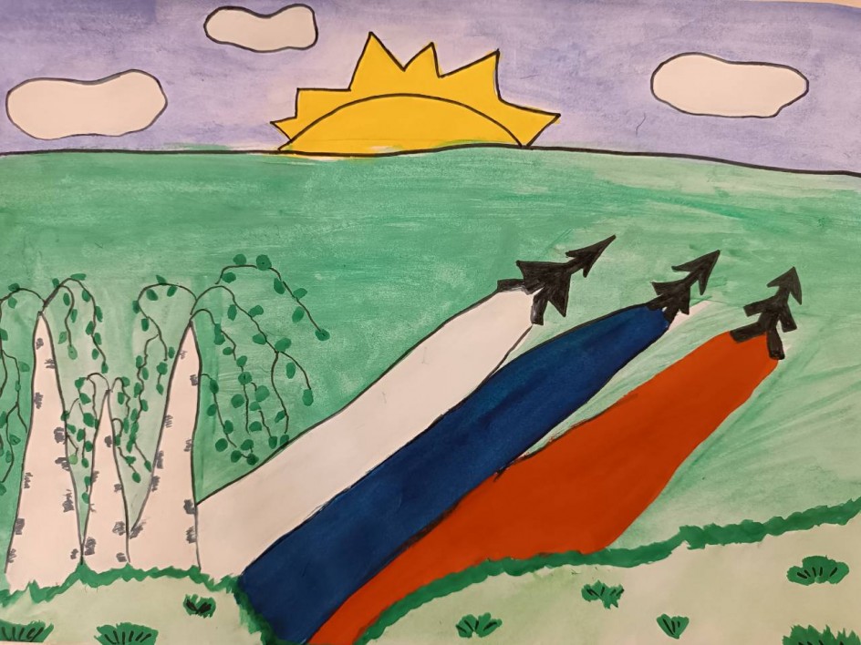 Белый цвет - березка, синий - неба цвет, красная полоска - солнечный рассвет